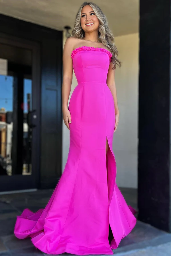 omberprom Strapless Evening Dress Maganta Ruffle Mermaid Slit Long Prom Dress