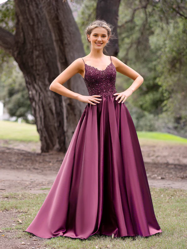 omberprom V-Neck Lace Prom Dresses Stain A-Line Floor-length Evening Dress