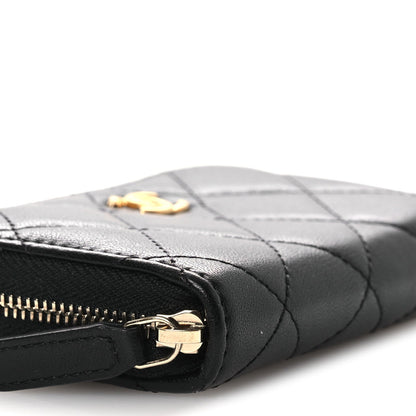 Lambskin Quilted CC Pearl Crush Zip Card Holder On Chain Black