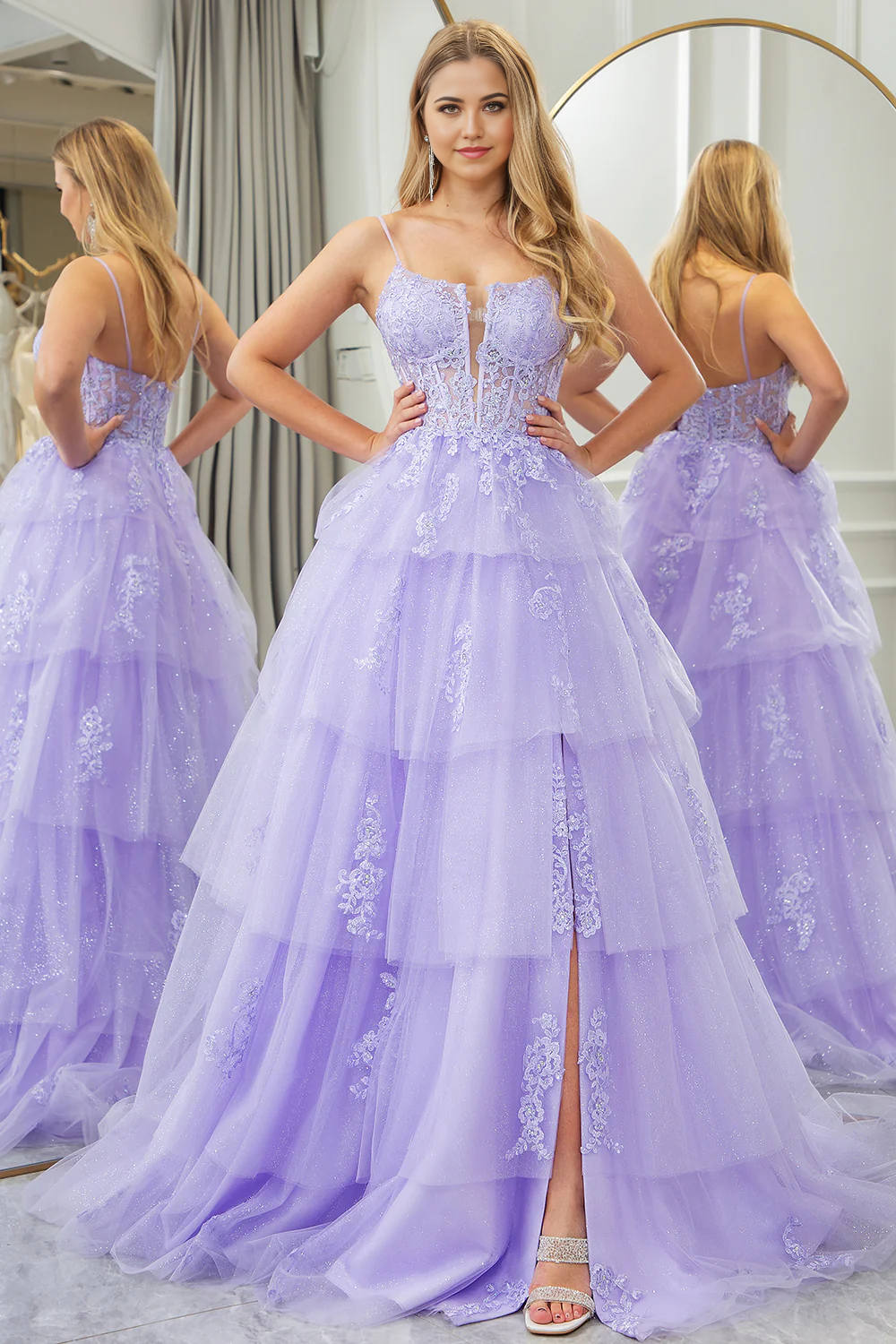 omberprom A Line Prom Dress Appliqued Tiered Long Corset With Slit Sparkly Lilac Evening Dress