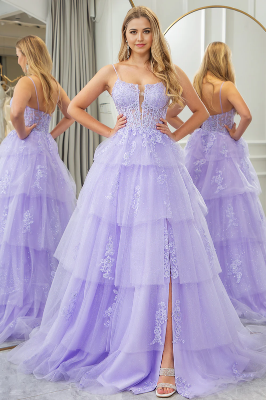 omberprom A Line Prom Dress Appliqued Tiered Long Corset With Slit Sparkly Lilac Evening Dress