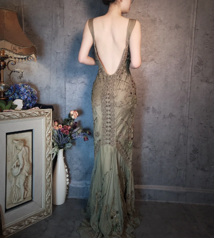 Vintage Luxury Green Mermaid Deep V-neck Beaded Embroidered Chiffon Long Prom Dress Evening Dress P4327