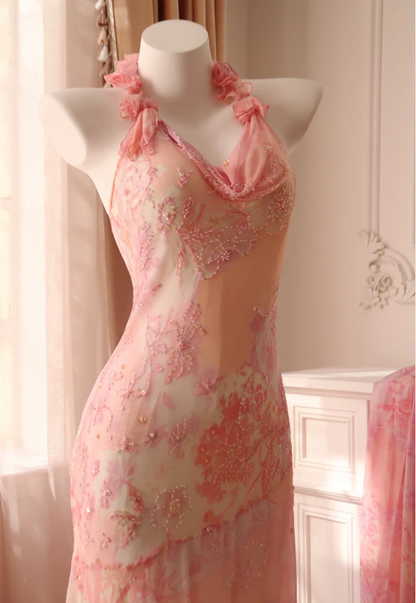 Sweet Pink Mermaid Halter Neck Beaded Chiffon Prom Dress Evening Dress P4329
