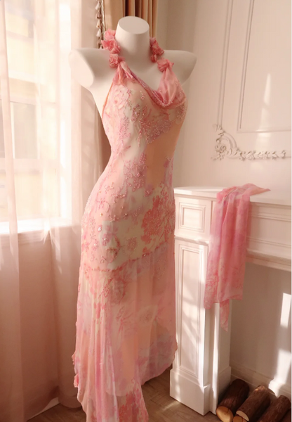 Sweet Pink Mermaid Halter Neck Beaded Chiffon Prom Dress Evening Dress P4329