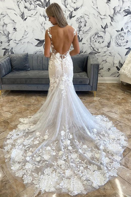 omberprom Elegant Illusion Neck Appliques Mermaid Long Wedding Dress