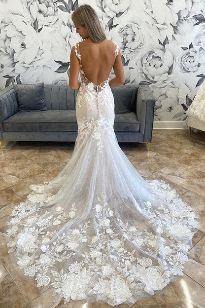 omberprom Elegant Illusion Neck Appliques Mermaid Long Wedding Dress