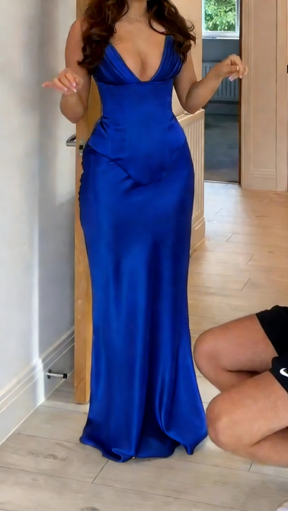 Classy Olive Green V Neck Satin Mermaid Party Dress Long Evening Gown