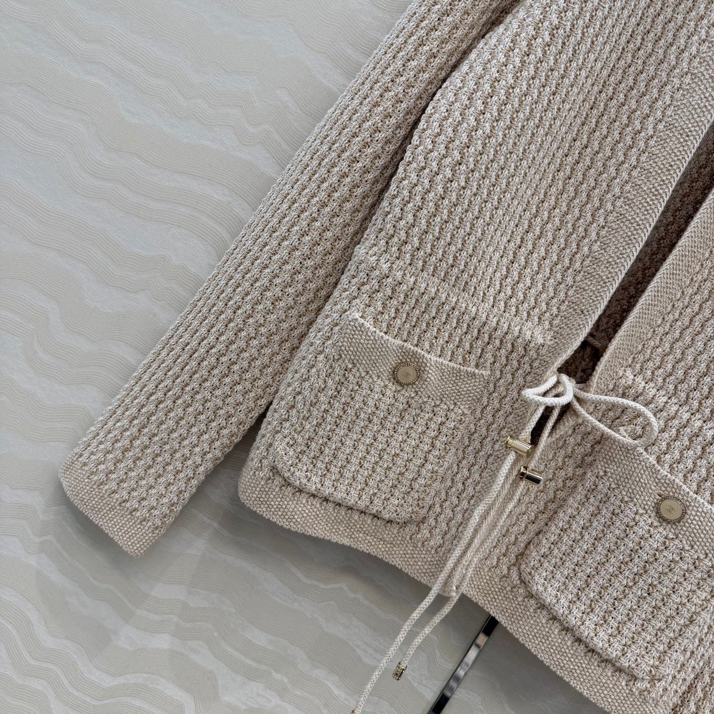 Chanel 26c Rhinestone Buckle Belt Cardigan Beige Wool 333717