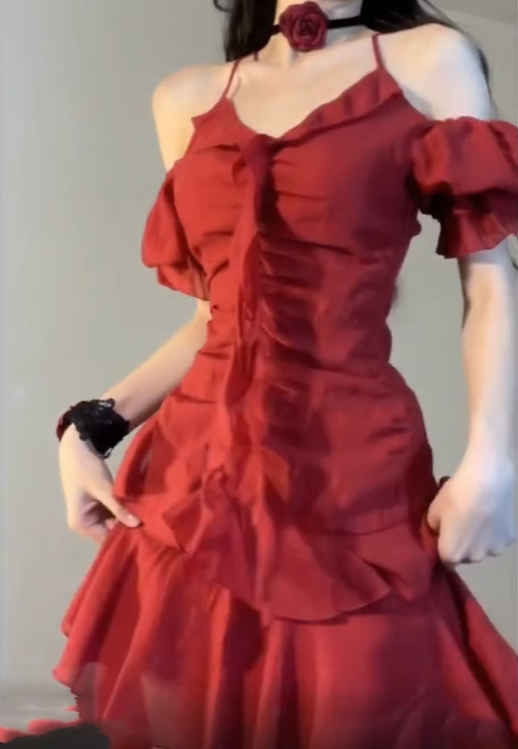 Beautiful dress French style high-end niche design off-shoulder irregular waist small red dress R0415