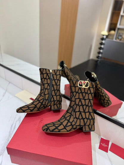Valentino Garavani VLogo Tall Monogram Ankle Boots 30mm In Brown Mix Black Canvas Fabric 992798