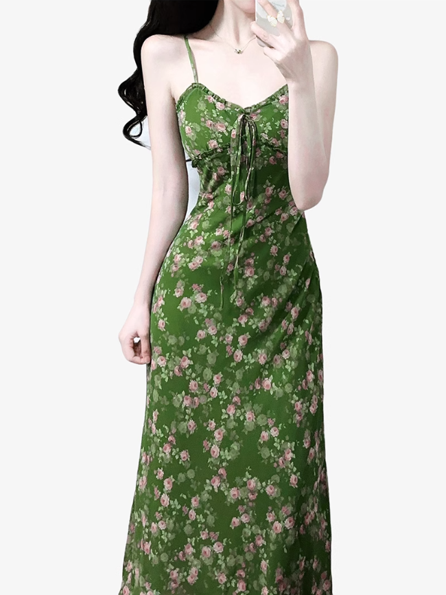 2025 Summer New Green Floral Seaside Vacation Mid-Length Suspender Dress R0941