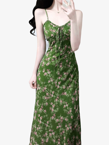 2025 Summer New Green Floral Seaside Vacation Mid-Length Suspender Dress R0941
