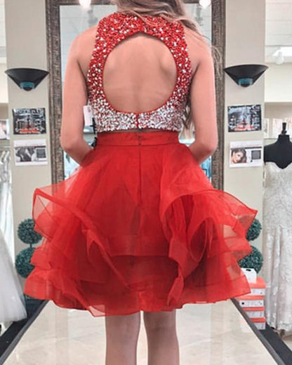 Two Piece Ruffles Ball Gown Homecoming Dresses,Navy Blue Semi Formal Dress