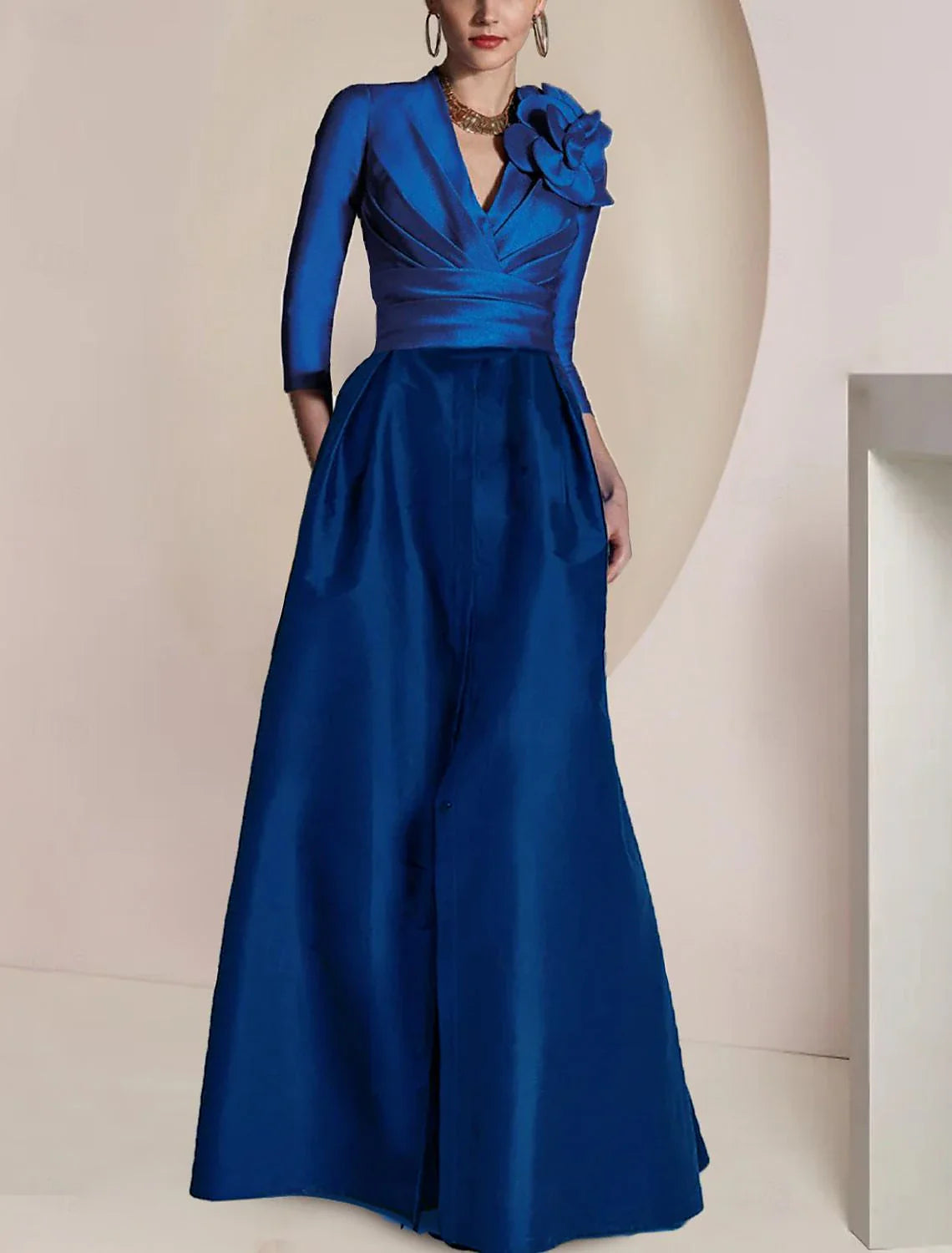 omberprom A-Line Long Mother of the Bride Dress Elegant V Neck 3/4 Length Sleeve Vintage Evening Party Dress with Ruched