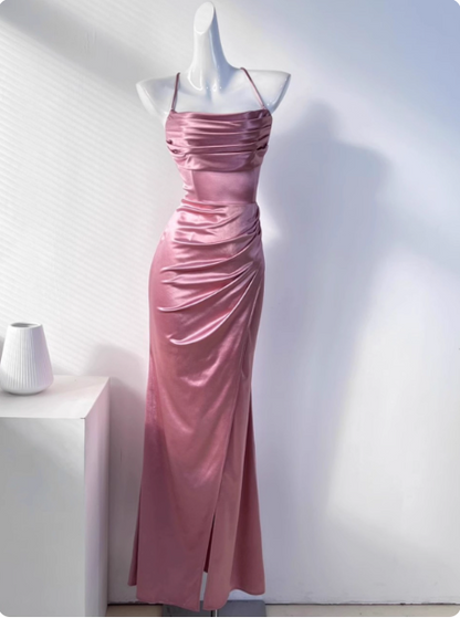 Simple Green Mermaid Pleated Crisscross Sash Slit Satin Long Prom Dress Evening Dress Bridesmaid Dress P4331