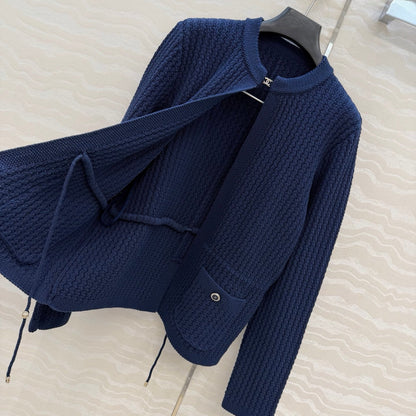Chanel 26c Rhinestone Buckle Belt Cardigan Blue Wool 333721