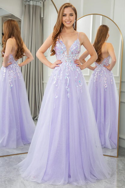 omberprom A Line Evening Dress Tulle Backless Long Sparkly Lilac Prom Dress With Sequined Appliques