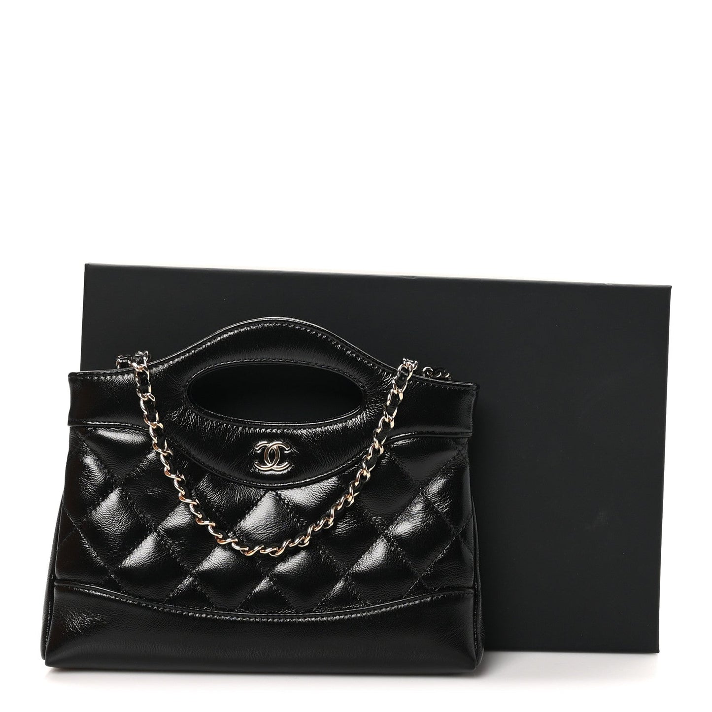 Shiny Crumpled Calfskin Quilted Nano 31 Shopping Bag Black