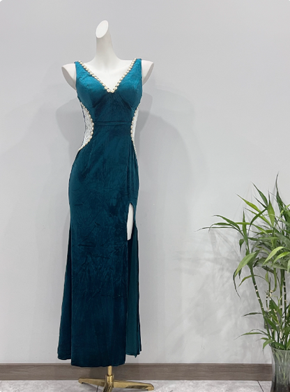 Vintage Deep Peacock Blue Mermaid V-Neck Pearl Slit Velvet Long Prom Dress Evening Dress P4338