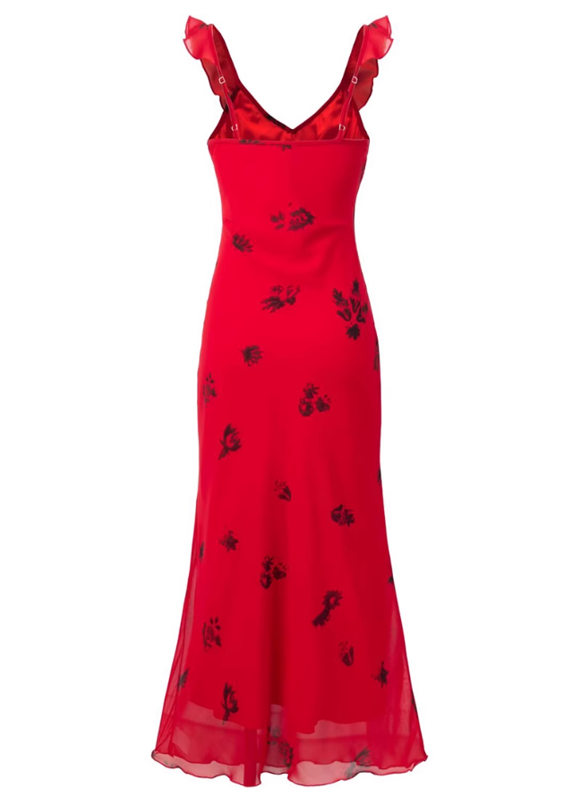 2025 Summer New Red Sexy V-neck Wood Ear Edge Floral Sleeveless Holiday Dress R0905