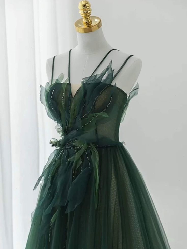 Ball Gown Spaghetti Straps Floor Length Dark Green Long Prom Dresses B008