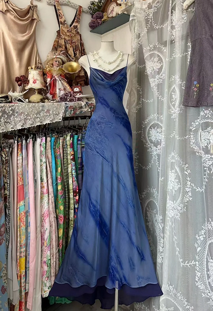 Blue halter neckline, fitted waist, long ball gown R7590