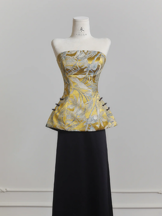 Yellow strapless satin top and black skirt suit, ball gown, wedding dress R8222
