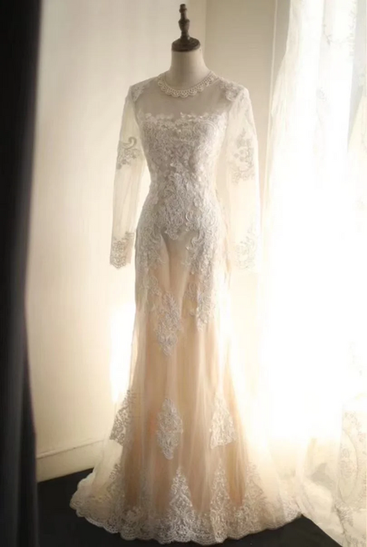Apricot lace fitted long ball gown, bridal gown R6757