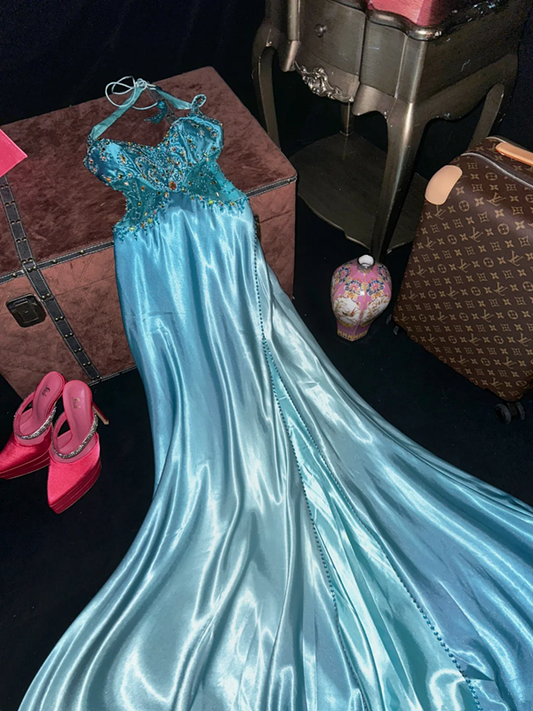 Blue halter-neck fitted long ball gown R7036