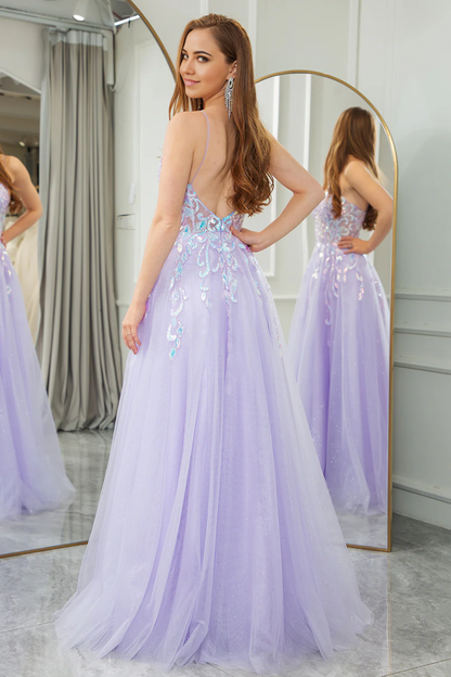 omberprom A Line Evening Dress Tulle Backless Long Sparkly Lilac Prom Dress With Sequined Appliques