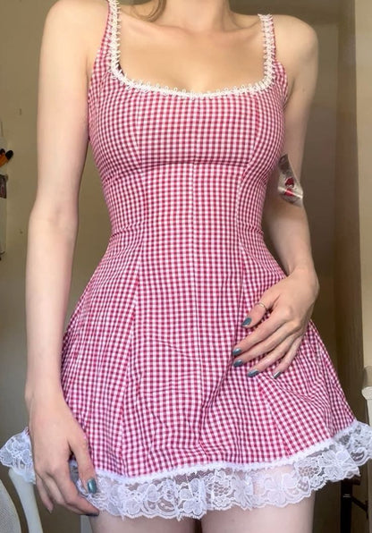 Pink plaid suspender slimming skirt lace-hemmed short skirt homecoming dress R2533
