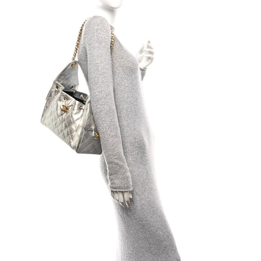 Metallic Caviar Quilted Small Chanel 25 Handbag Silver