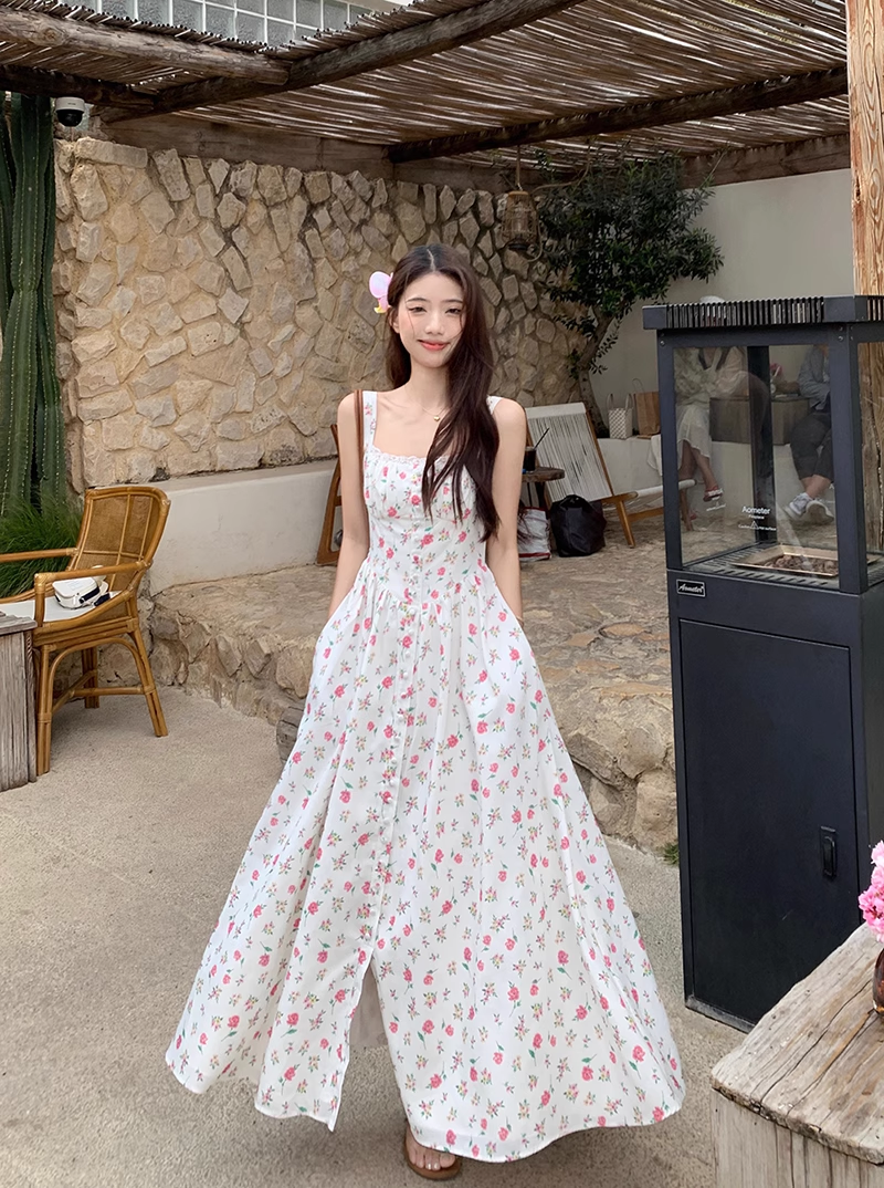 Retro Fashion Floral Design Beach Holiday A-line Spaghetti Strap Dress TP3376