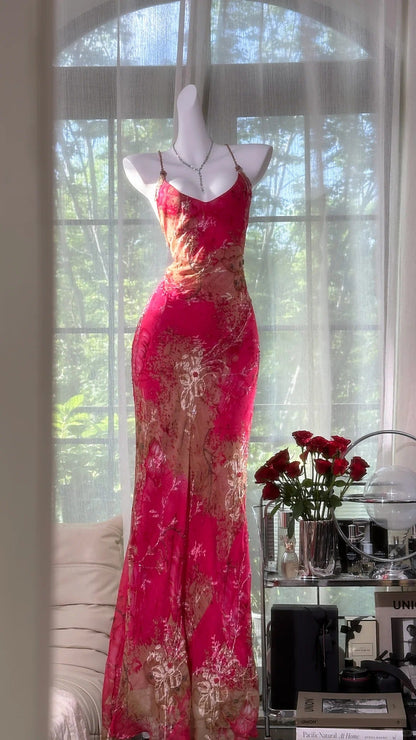 Vintage Rose Pink Floral Mermaid  Backless Chiffon Long Prom Dress Evening Dress P4034
