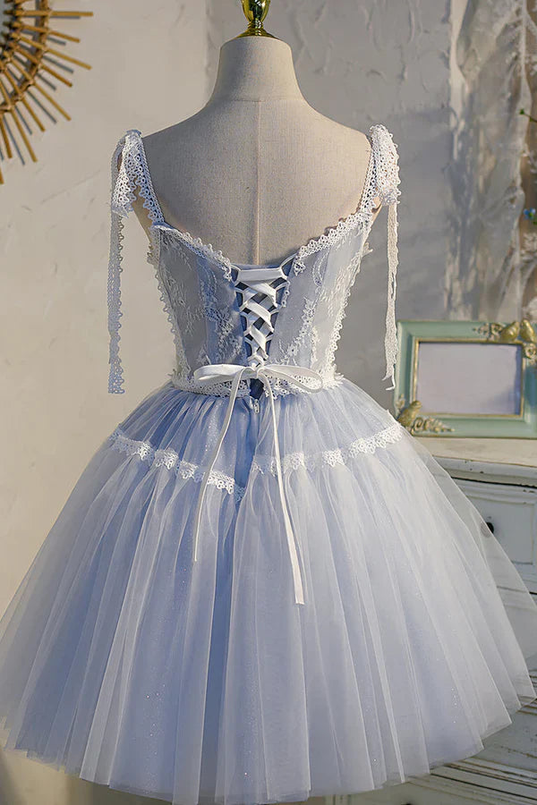 omberprom Elegant A Line Graduation Dresses Tulle Lace V Neck Homecoming Dress