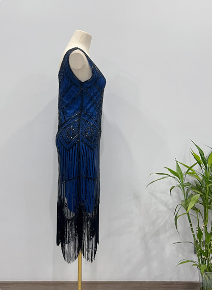 Vintage Royal Blue / Emerald Green Slim-Fit Spaghetti Strap Fringe Sequin Midi Prom Dress Evening Dress P4341