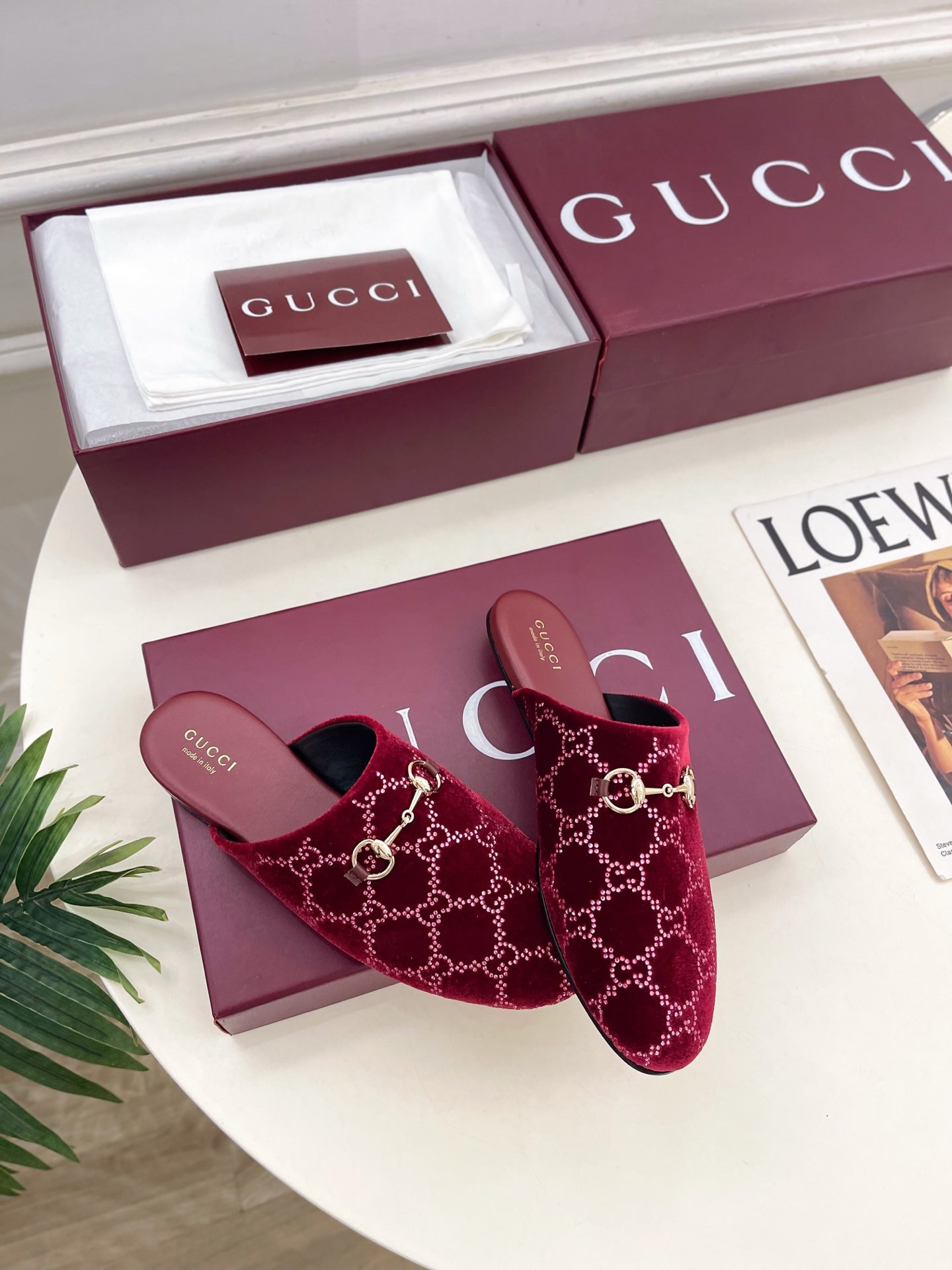 GG 26 Horsebit Flat Mules Rhinestones Red Velvet 587081