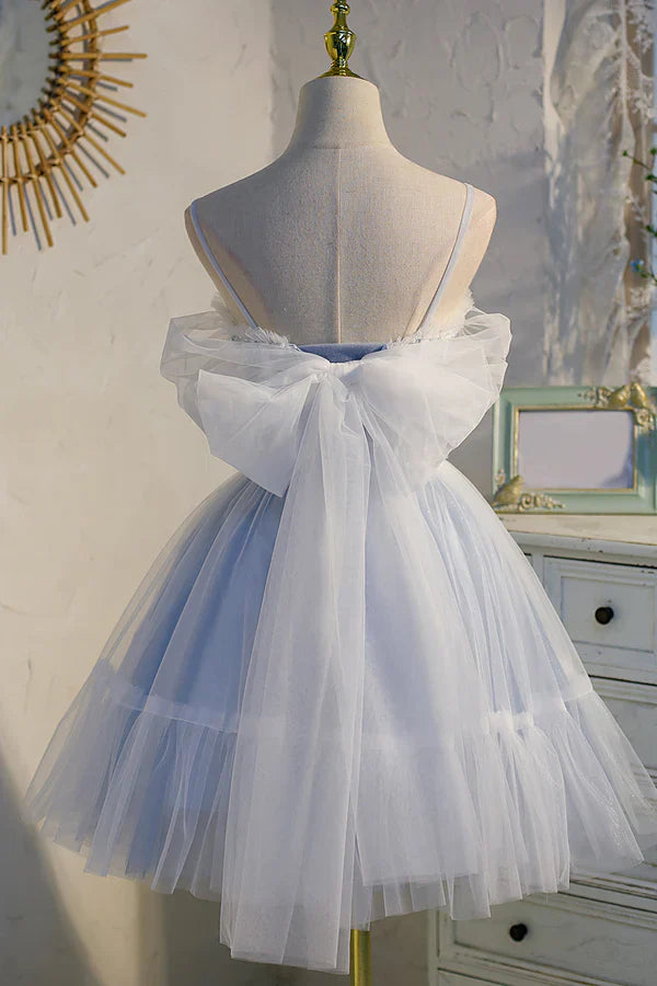 omberprom Spaghetti Evening Dress Straps Tulle Lace Appliques Short Prom Dresses With Bow