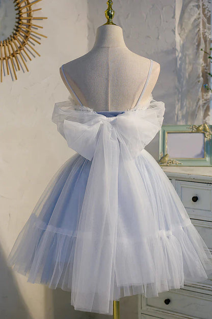 omberprom Spaghetti Evening Dress Straps Tulle Lace Appliques Short Prom Dresses With Bow