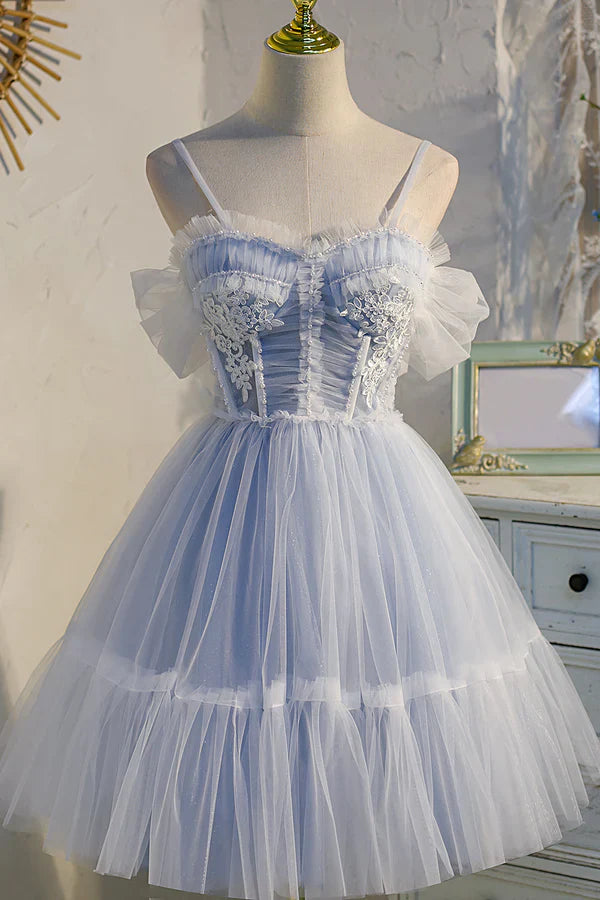 omberprom Spaghetti Evening Dress Straps Tulle Lace Appliques Short Prom Dresses With Bow