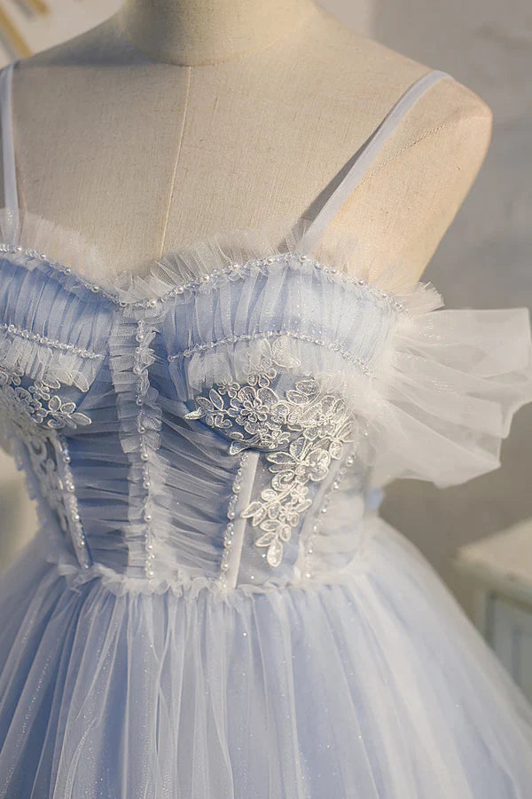 omberprom Spaghetti Evening Dress Straps Tulle Lace Appliques Short Prom Dresses With Bow