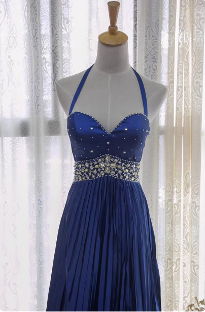Vintage Royal Blue A-Line Halter Neck Rhinestone Satin Long Prom Dress Evening Dress P4343