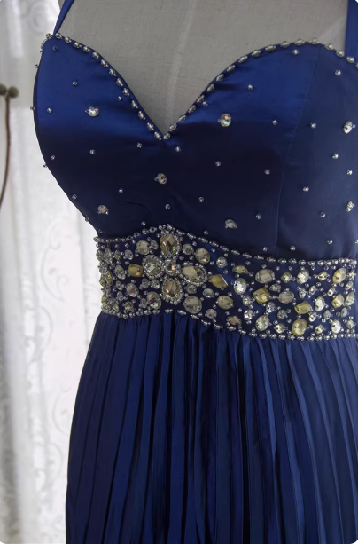Vintage Royal Blue A-Line Halter Neck Rhinestone Satin Long Prom Dress Evening Dress P4343