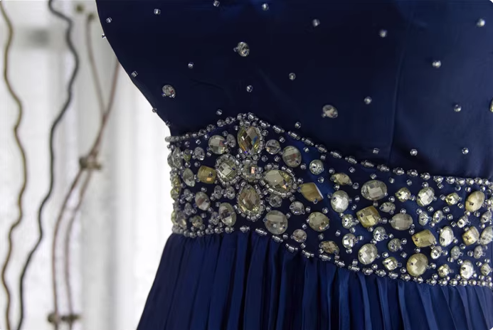 Vintage Royal Blue A-Line Halter Neck Rhinestone Satin Long Prom Dress Evening Dress P4343