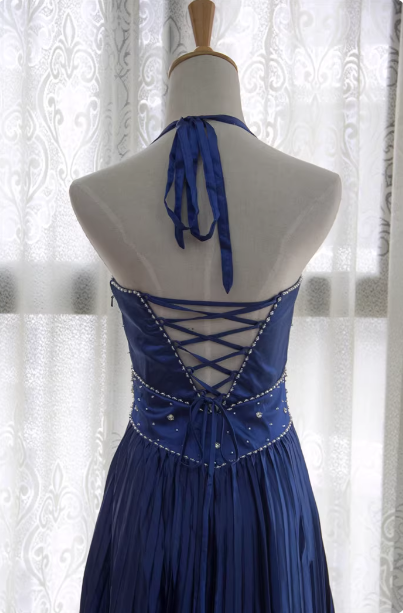 Vintage Royal Blue A-Line Halter Neck Rhinestone Satin Long Prom Dress Evening Dress P4343