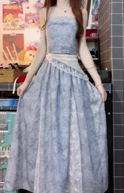 Blue lace tube top dress 2025 new beautiful waist a-line long skirt R0675