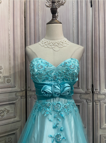 Vintage Mint Ice Blue A-Line Strapless 3D Floral Embroidery Satin Tulle Long Prom Dress Evening Dress P4344