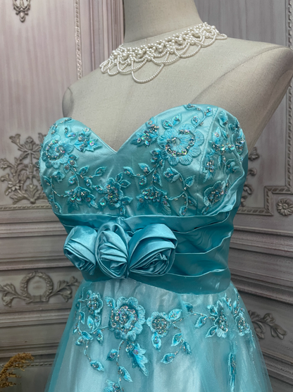 Vintage Mint Ice Blue A-Line Strapless 3D Floral Embroidery Satin Tulle Long Prom Dress Evening Dress P4344