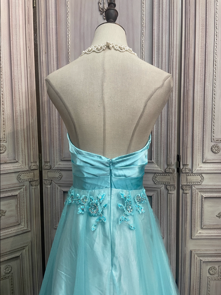 Vintage Mint Ice Blue A-Line Strapless 3D Floral Embroidery Satin Tulle Long Prom Dress Evening Dress P4344