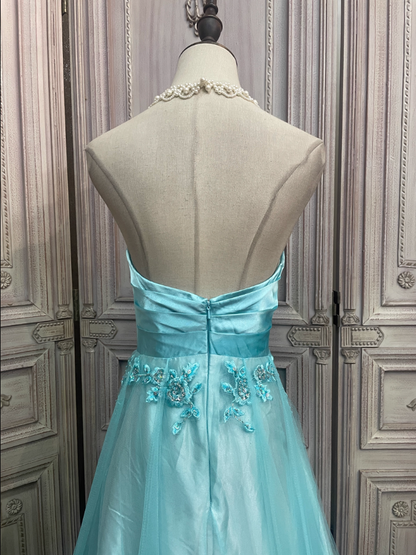 Vintage Mint Ice Blue A-Line Strapless 3D Floral Embroidery Satin Tulle Long Prom Dress Evening Dress P4344